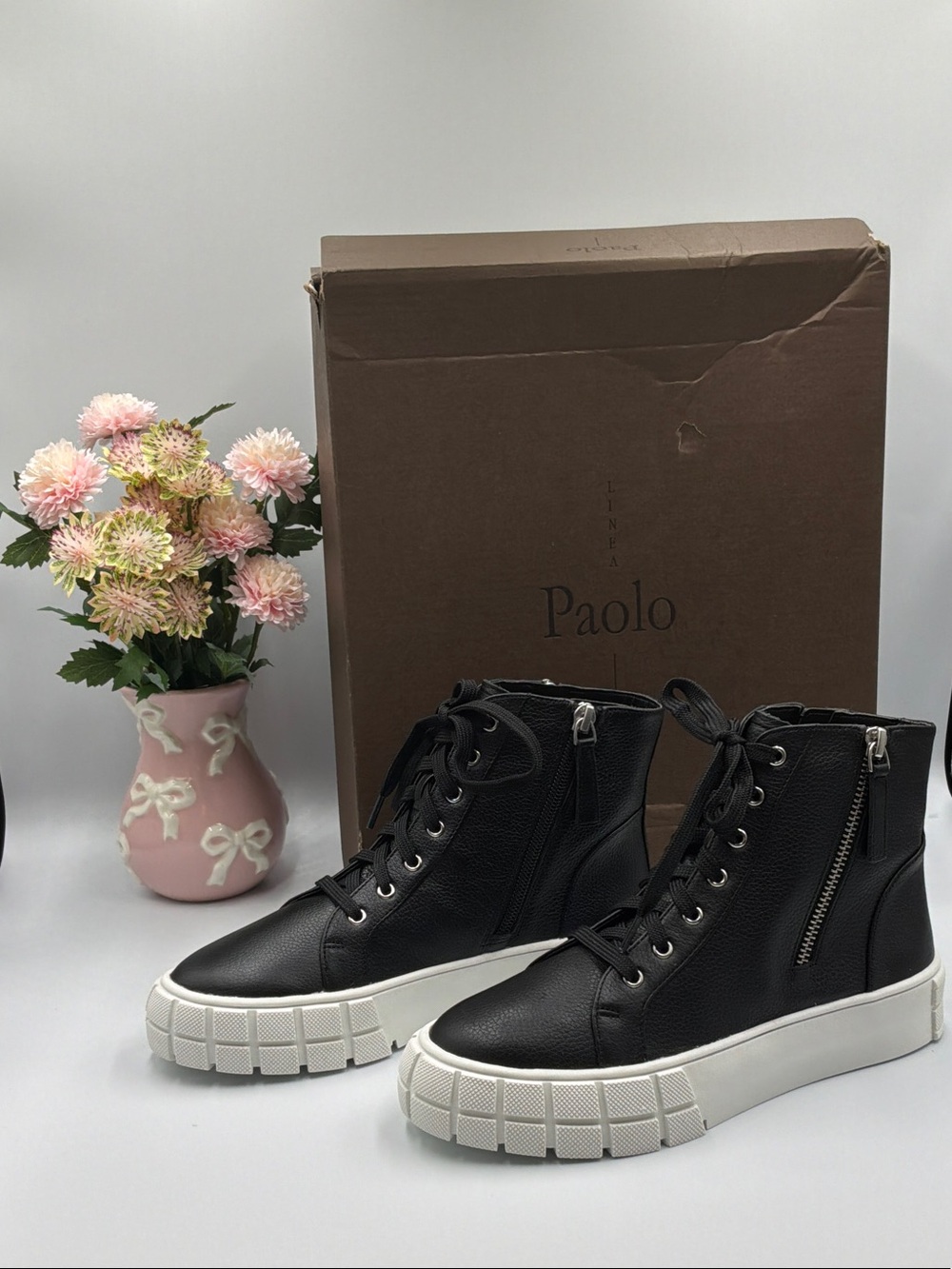 Paolo Black Leather Lace-Up Platform Boots with White Sole